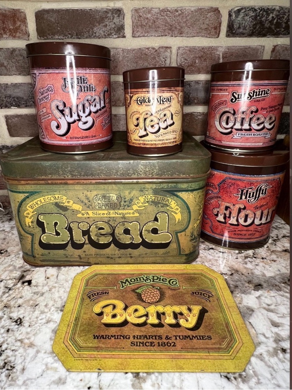 6PC Vintage 1970s Rustic Retro Tin Canister Set & Bread Box - Retro Grocer Label